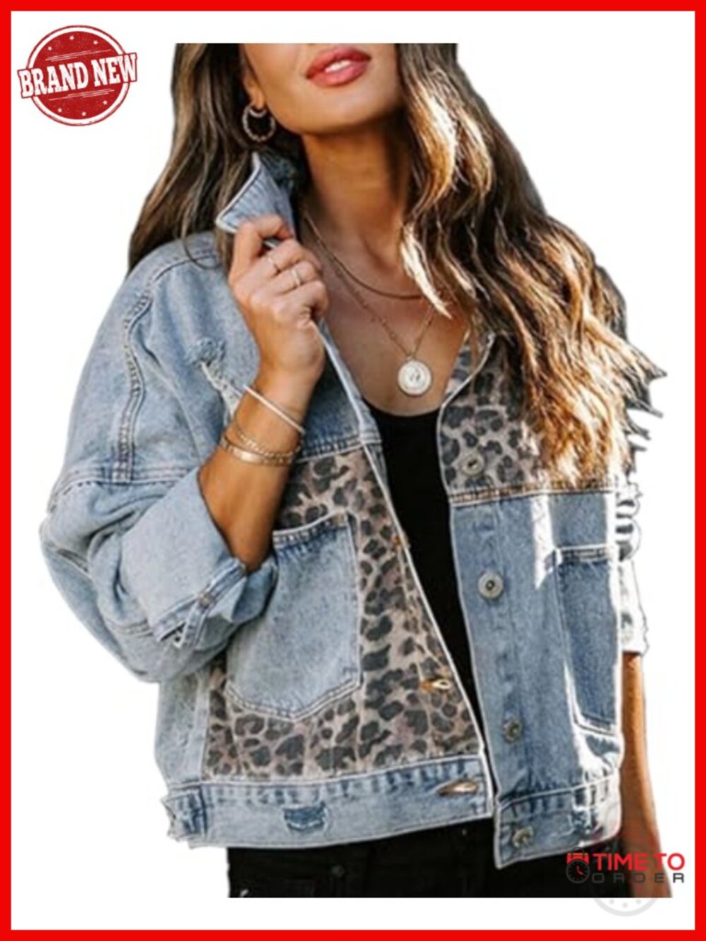Distressed Leopard Patchwork Denim Jacket Long Sleeve Button Down